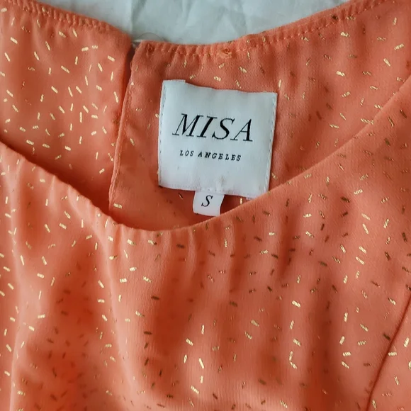 MISA LOS ANGELES small (S) coral peach gold foild confetti ruffles mini dress - Picture 4 of 16